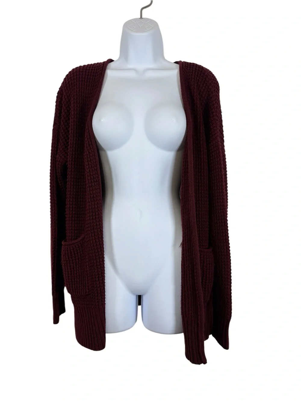 Zenana Open-Front Chunky Knit Cozy Layering Cardigan Burgundy Front Pockets SzS